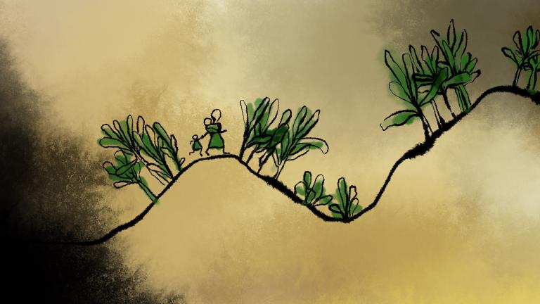 Une illustration d'une adulte avec des enfants derrière des buissons, et des figures ombragées avec des fusils de l'autre côté des buissons.