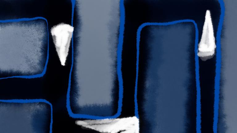 Une illustration de rectangles bleus et de triangles blancs.