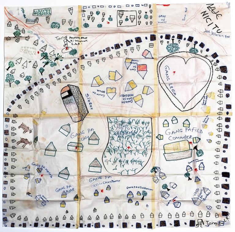 Dessin en couleur d'un campement qui comprend du feuillage, des huttes et des sentiers. Un grand cœur est visible près du haut du dessin.