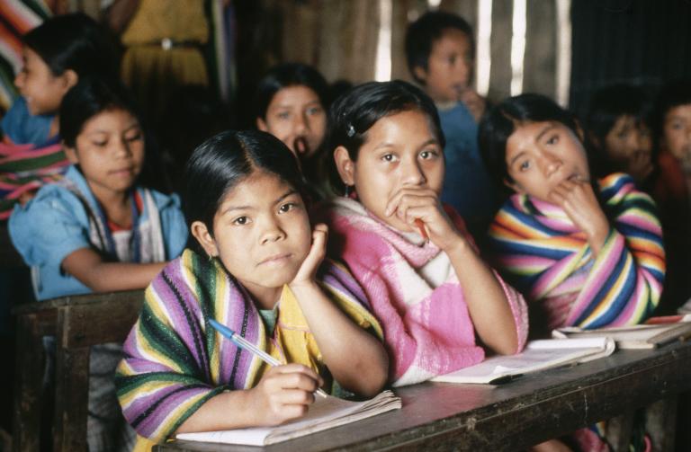 Des enfants sont assis dans une salle de classe, avec des cahiers sur leur bureau. Trois filles, assises près de l’appareil photo, regardent directement l’objectif. 