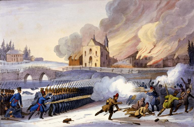 Une peinture d’une bataille. À gauche, des soldats en rangée tirent vers un groupe désorganisé de rebelles, à droite, dont certains s’enfuient en courant. À l’arrière-plan, d’autres soldats traversent un pont de pierres et plusieurs bâtiments sont en train de brûler.