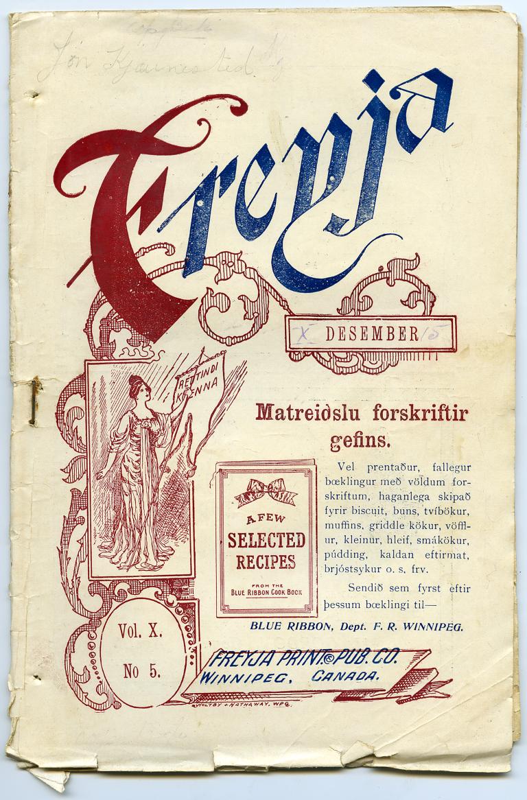 La couverture d’un numéro du magazine Freyja. La couverture est imprimée à l’encre bleue et rouge sur papier blanc. L’écriture sur la couverture est principalement en islandais, bien qu’il y ait aussi une petite quantité d’anglais. Sur le côté gauche de la couverture se trouve le dessin d’une femme tenant une bannière.