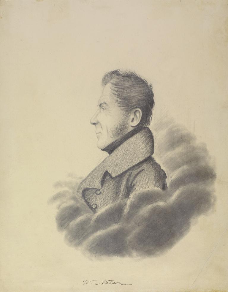 Un dessin de profil de Wolfred Nelson. Il porte un manteau au col large et a de grands favoris.