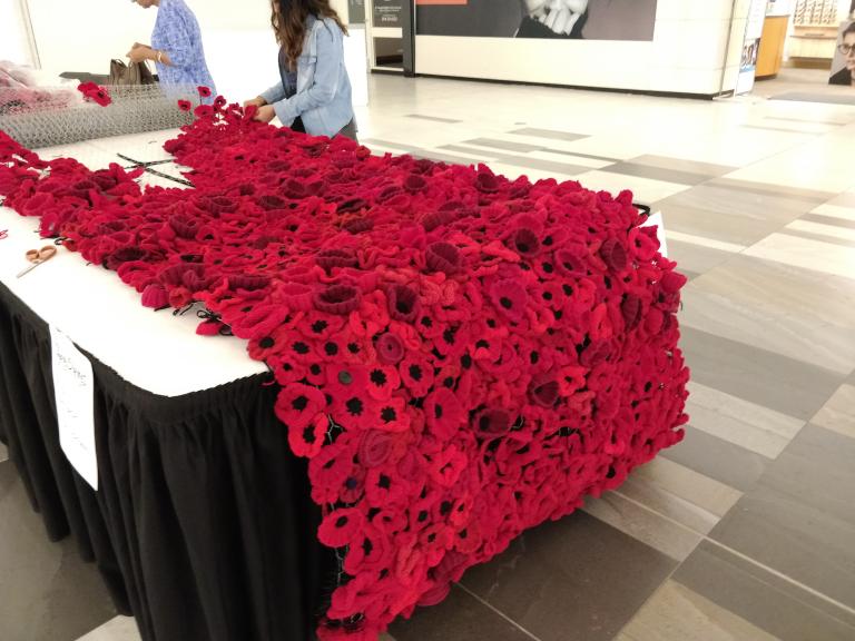 Two people are working at a table full of poppies. Visibilité masquée.
