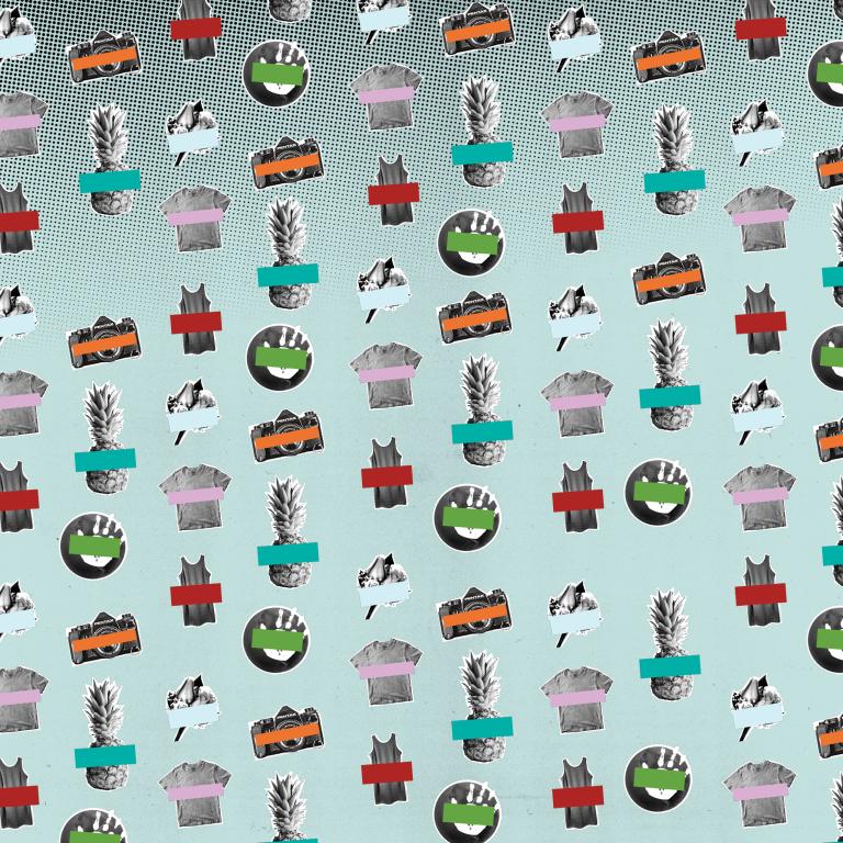 Un motif d'ananas, d'appareils photo, d'empreintes de mains, de bouquets floraux et de chemises. Visibilité masquée.