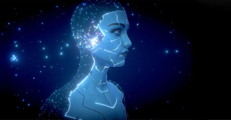 Une image numérisée de la tête bleue d'une femme virtuelle. Visibilité masquée.