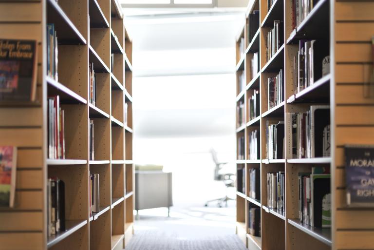 Étagères de livres bien éclairées. Visibilité masquée.