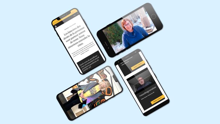 Quatre téléphones mobiles avec des captures d'écran de personnes partageant leur histoire. Visibilité masquée.