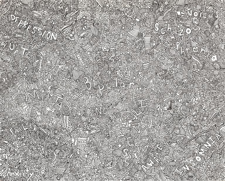 Un dessin en noir et blanc très détaillé intègre de minuscules lignes, formes et lettres. Certaines des lettres forment des mots tels que « Dépression », « Bipolaire » et « Insomnie ». Visibilité masquée.