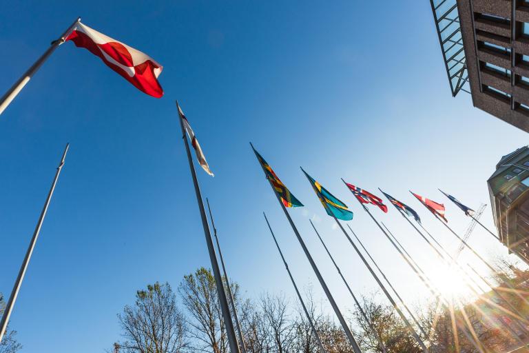 Des drapeaux nationaux flottent côte à côte sur de hauts mâts. Visibilité masquée.
