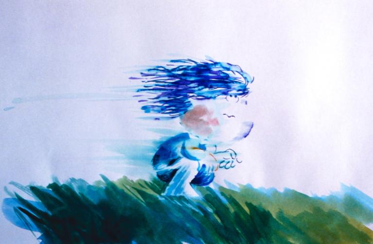 Une image fixe tirée d'un film d'animation. Un petit enfant aux cheveux bleus balayés par le vent est accroupi dans l'herbe.