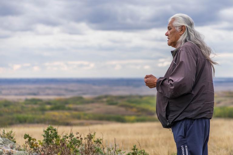 Une personne aux longs cheveux gris se tient à l'extérieur, avec un paysage vallonné et herbeux et un ciel nuageux au loin. Visibilité masquée.