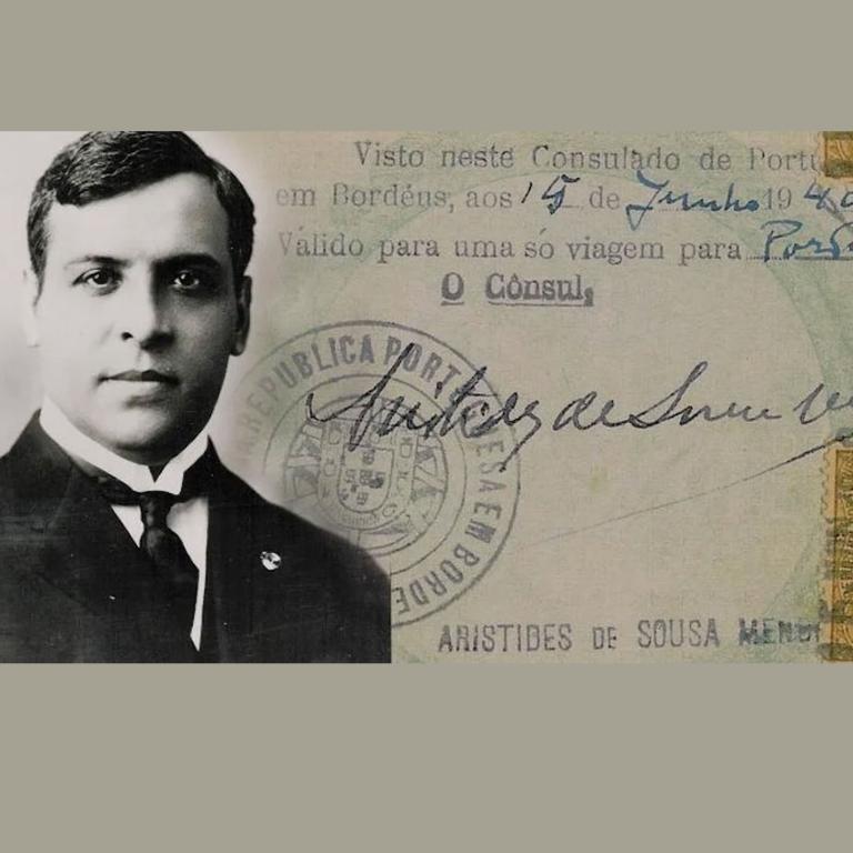 A black and white image of a man, Aristides de Sousa Mendes, superimposed over an old passport. Visibilité masquée.