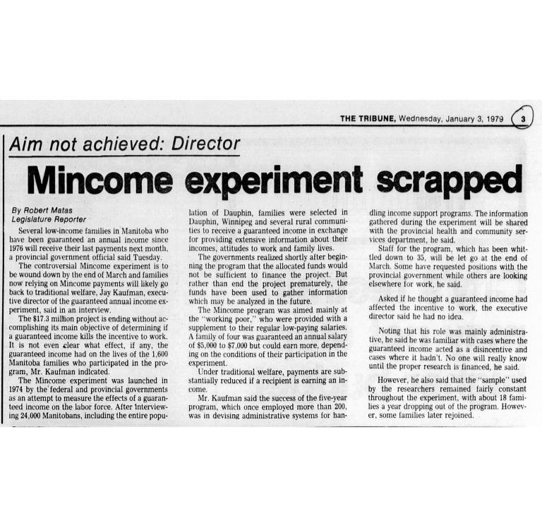 Un article de journal de 1979, titrant en anglais « L’expérience Mincome abandonnée » et « Objectif non atteint, selon le directeur ».