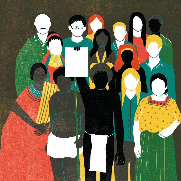 Dessin représentant un groupe varié de personnes dont l’une tient une page blanche, symbole de la Déclaration. Visibilité masquée.