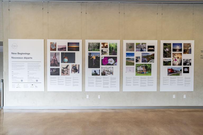 Cinq panneaux sont suspendus à un mur. Les panneaux contiennent des textes écrits et des images.