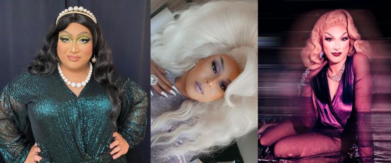 Une drag queen aux longs cheveux noirs ondulés porte un diadème et un collier de grosses perles blanches ainsi qu'une robe vert émeraude scintillante. Une drag queen aux cheveux blonds platine est vêtue d'une robe argentée à paillettes. Une drag queen aux cheveux blonds mi-longs est assise et porte une robe de velours violet. Visibilité masquée.