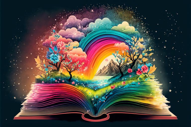 Illustration colorée d'un livre avec des pages aux couleurs de l'arc-en-ciel, ouvert au milieu. Une scène de nature sort du livre, qui comprend un arc-en-ciel, une montagne, un lac, des arbres, des fleurs et de l'herbe. Visibilité masquée.