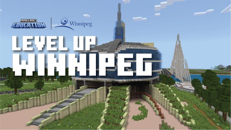 Une représentation graphique de l'extérieur du musée avec le texte "Level Up Winnipeg" posé dessus. Visibilité masquée.