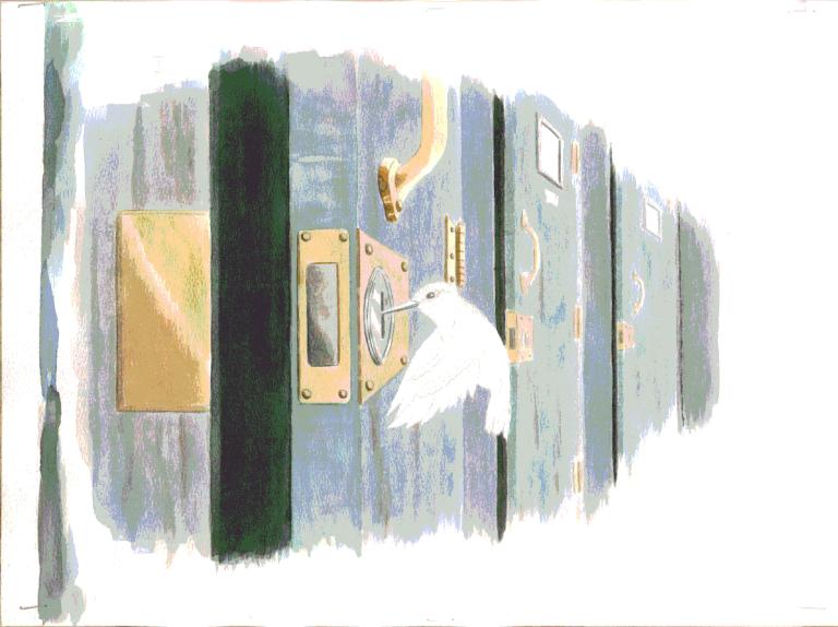 Illustration simple d'un colibri blanc qui crochète la serrure d'une porte et l'ouvre. La porte se trouve dans une rangée de portes. Visibilité masquée.