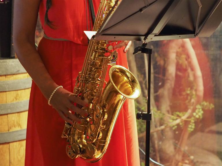 Une musicienne vêtue d’une robe rouge sans manches joue d’un saxophone doré. Visibilité masquée.