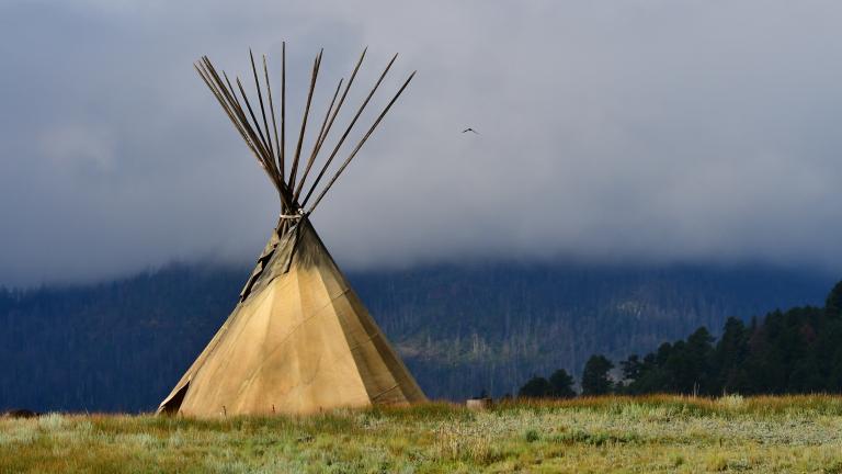 Un grand tipi dans un champ d’herbe. Les perches du tipi s’élèvent dans le ciel brumeux. Visibilité masquée.