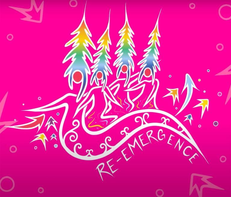 Un dessin artistique de quatre conifères étroits et multicolores qui se fondent dans des dessins au trait fluides de personnes. Visibilité masquée.