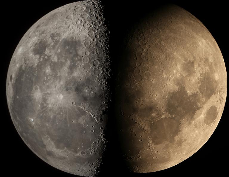 Image composite comparant une vue en niveaux de gris (à gauche) et une vue en couleurs naturelles (à droite) du même hémisphère lunaire. Visibilité masquée.