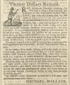 Annonce de journal offrant une récompense pour la capture d’une personne esclavagée en fuite. Dans le coin supérieur gauche de l’annonce, on aperçoit une petite image, l’illustration d’une personne noire qui court en regardant derrière son épaule.